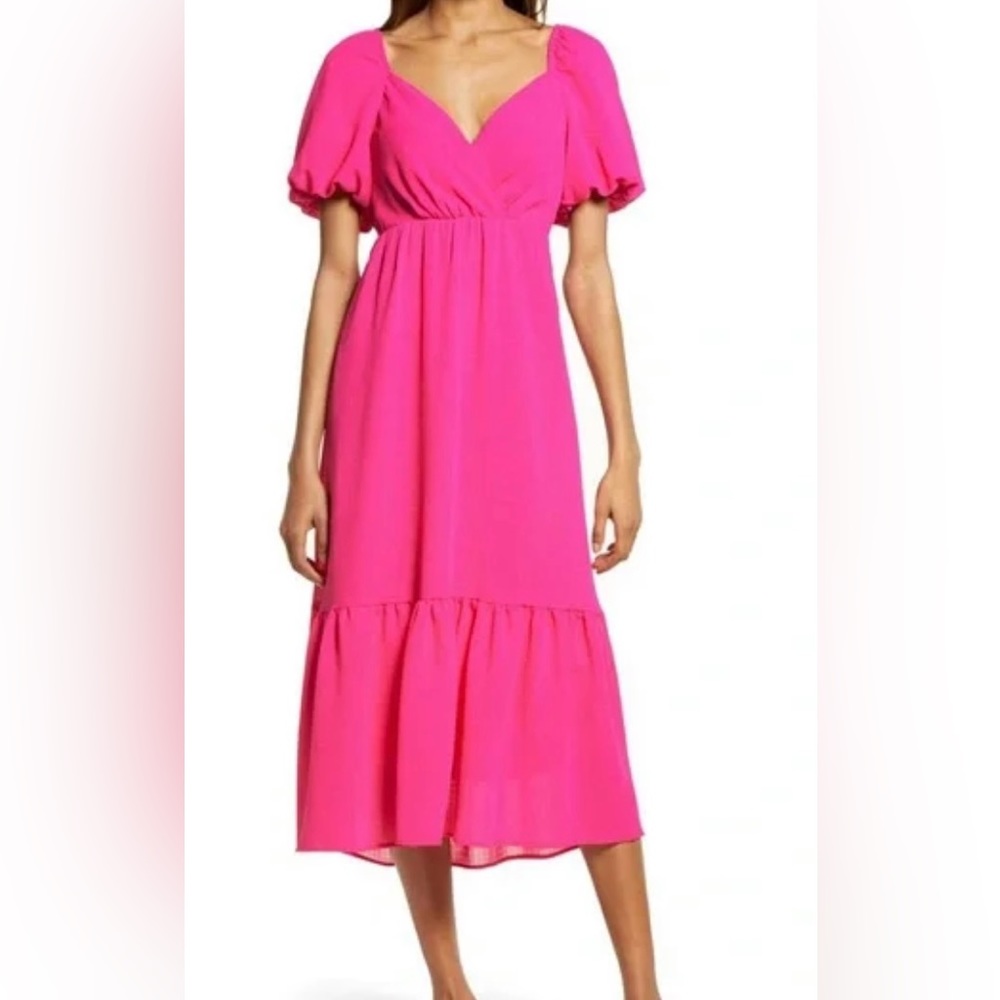 FRAICHE BY J balloon tier hot pink dress with wrap tie